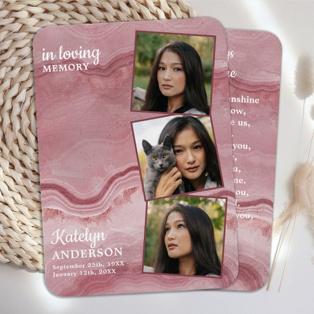 Memorial 3 Photo Pink Marble Funeral Prayer Card (Creator Uploaded)