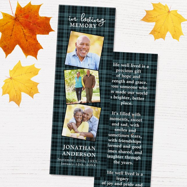 Memorial 3 Photo Plaid Funeral Prayer Bookmark (Creator Uploaded)