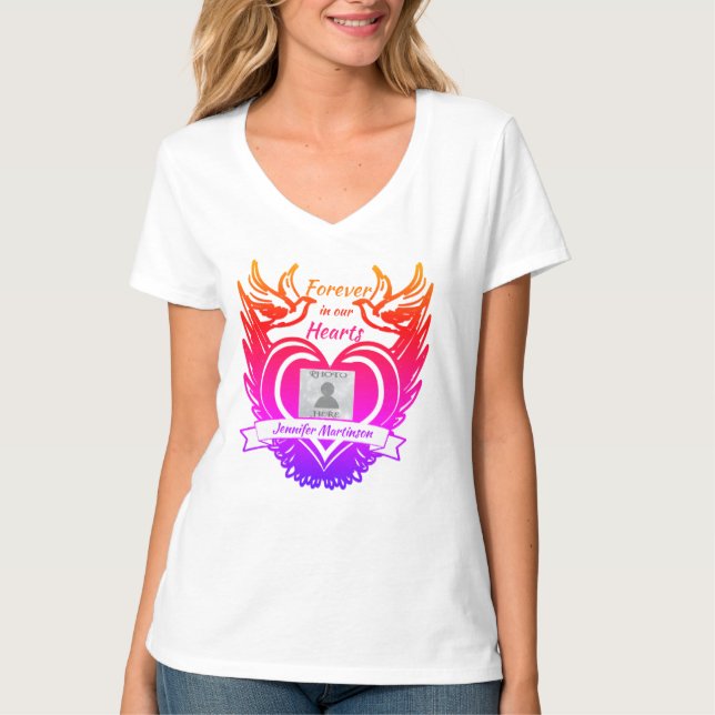 Memorial | Add Photo with Angel Wings, Heart Doves T-Shirt (Front)