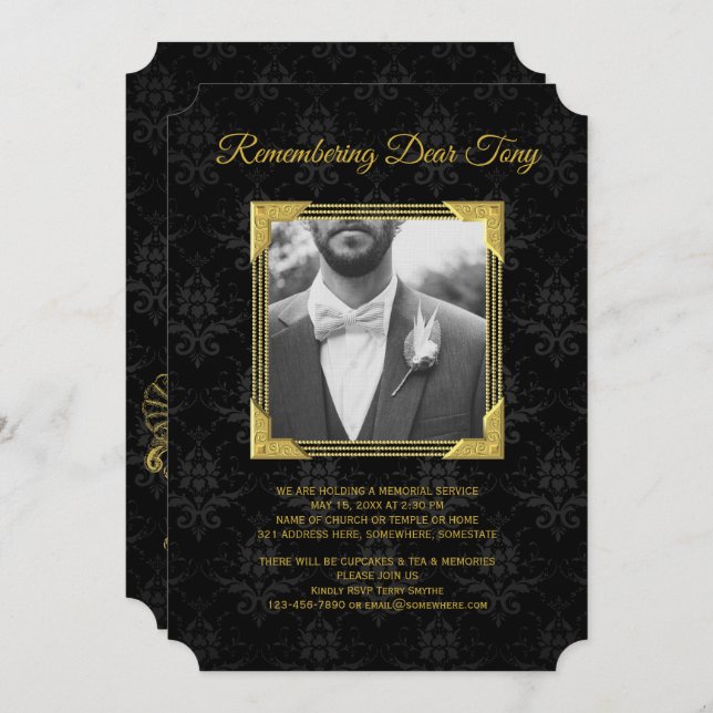 Memorial Add Your Photo Black Damask Gold Frame Invitation (Front/Back)
