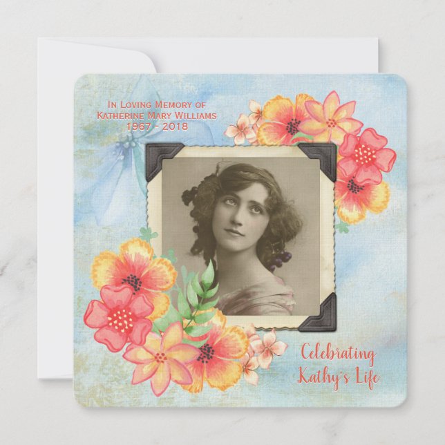 Memorial Add Your Photo Watercolor Flowers Stripes Invitation (Front)