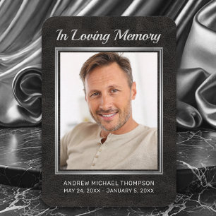 Memorial Black Leather Silver Photo Funeral Card