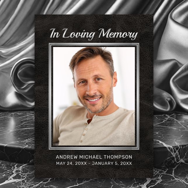 Memorial Black Leather with Silver Photo Sympathy Thank You Card (In Loving Memory Faux Black Leather Photo Funeral Thank You Card.)