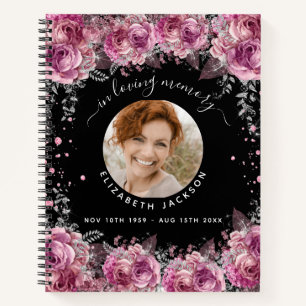 Memorial black pink florals photo funeral notebook