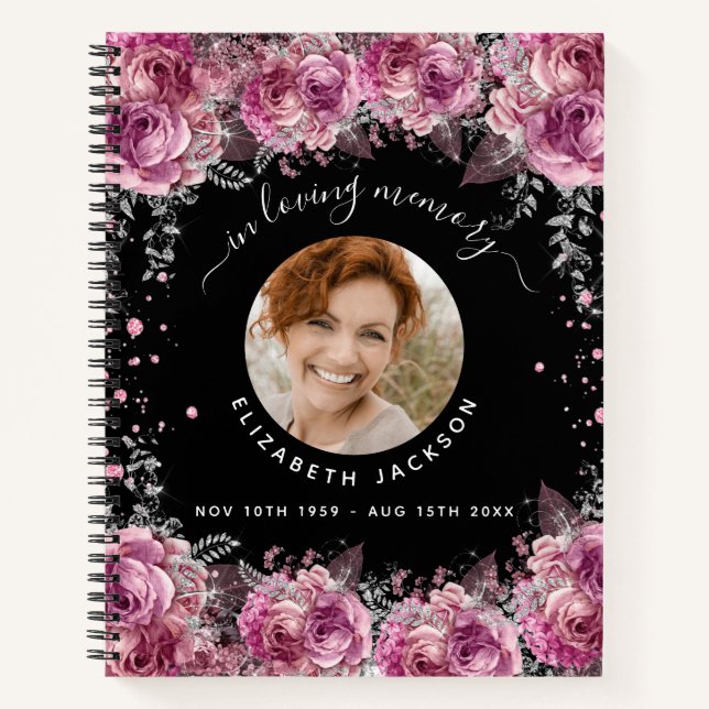 Memorial black pink florals photo funeral notebook (Front)