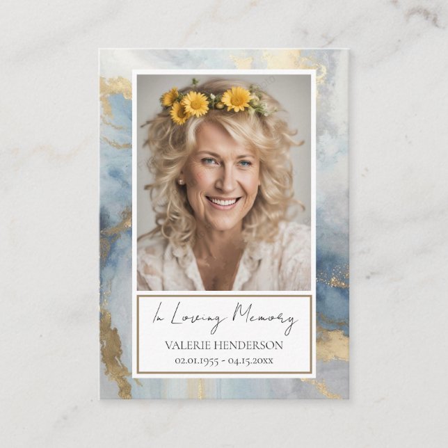 Memorial Blue and Gold Photo Funeral Keepsake Busi Business Card (Front)