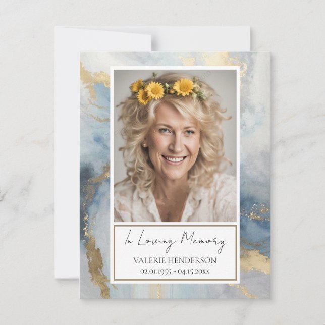 Memorial Blue and Gold Photo Funeral Keepsake Invi Invitation (Front)