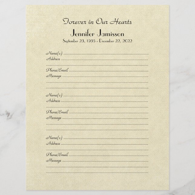 Memorial Book Filler Page, Distressed Cream (Front)