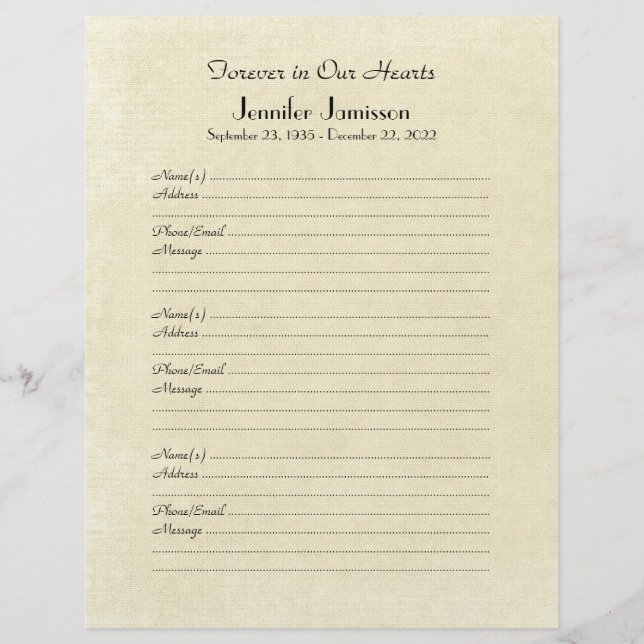 Memorial Book Filler Page, Distressed Cream Paper (Front)
