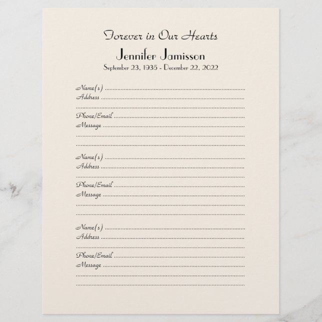 Memorial Book Filler Page, Off White (Front)