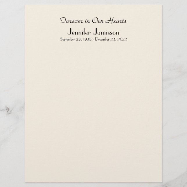 Memorial Book Filler Page, Off White Colour (Front)