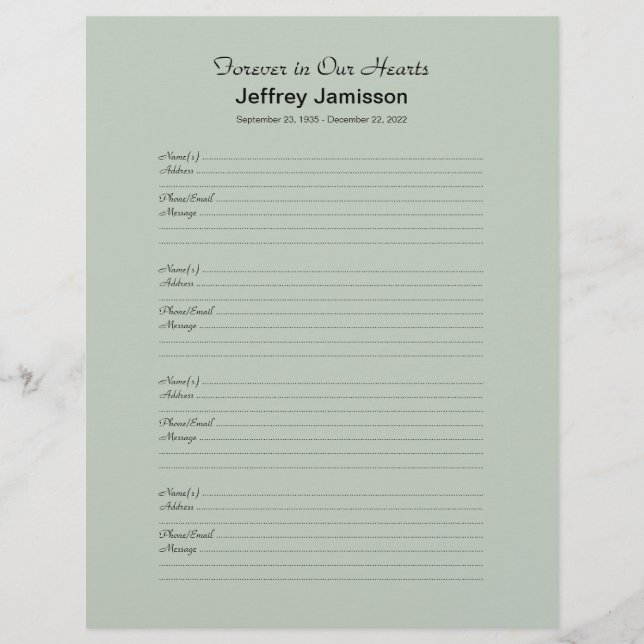 Memorial Book Filler Sign-In Page 4 Names per Page (Front)