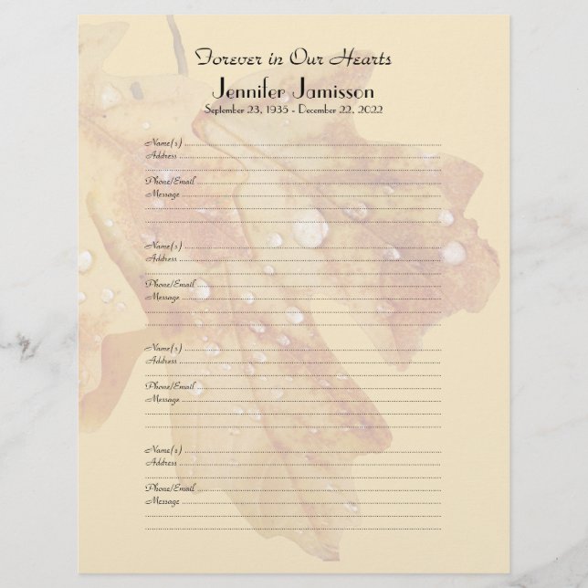 Memorial Book Filler Sign-In Page Raindrops Leaves (Front)