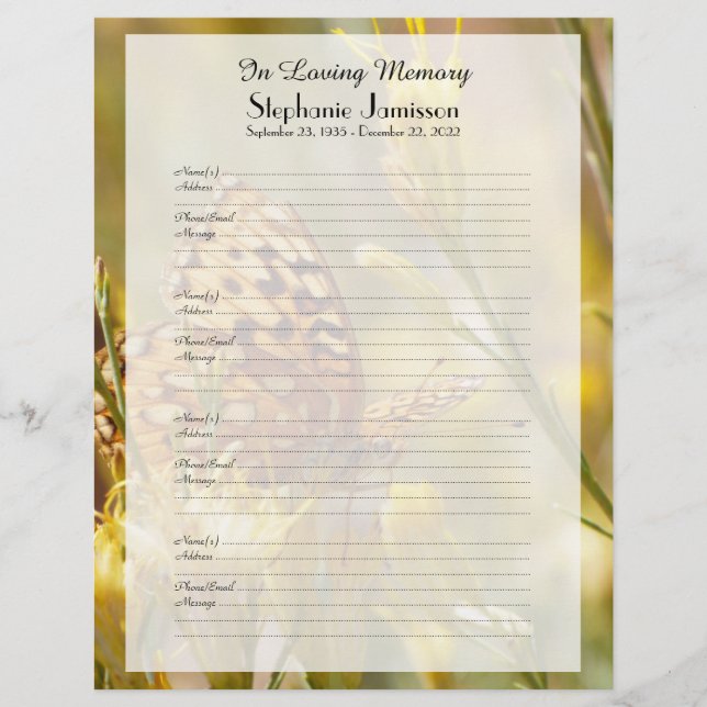 Memorial Book Filler Sign-In Page Yellow Butterfly (Front)
