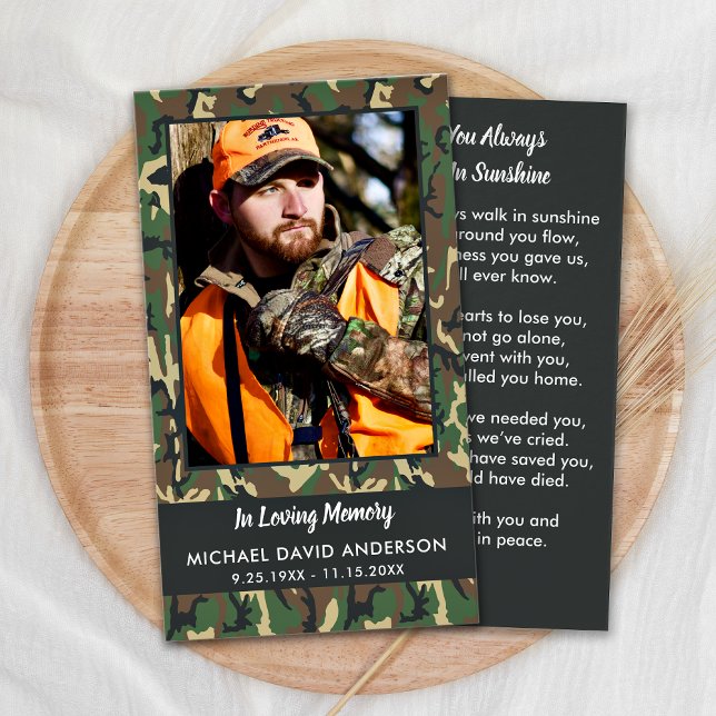 Memorial Camo Photo Sympathy Funeral Prayer Card (Creator Uploaded)