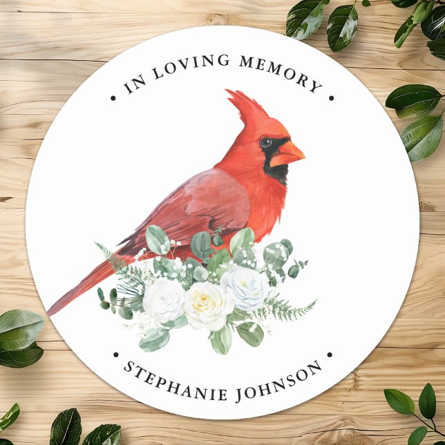 Memorial Cardinal Floral Funeral Sympathy Envelope Classic Round Sticker (Creator Uploaded)