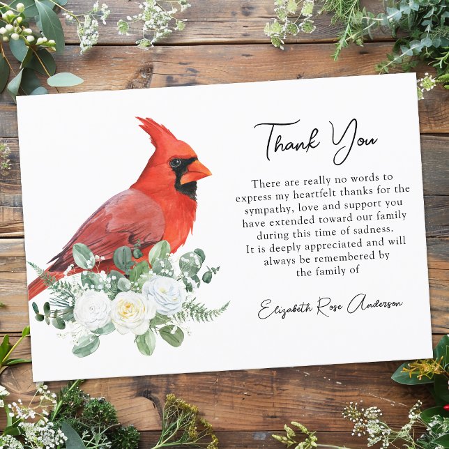 Memorial Cardinal Floral Modern Sympathy Funeral Thank You Card (Creator Uploaded)