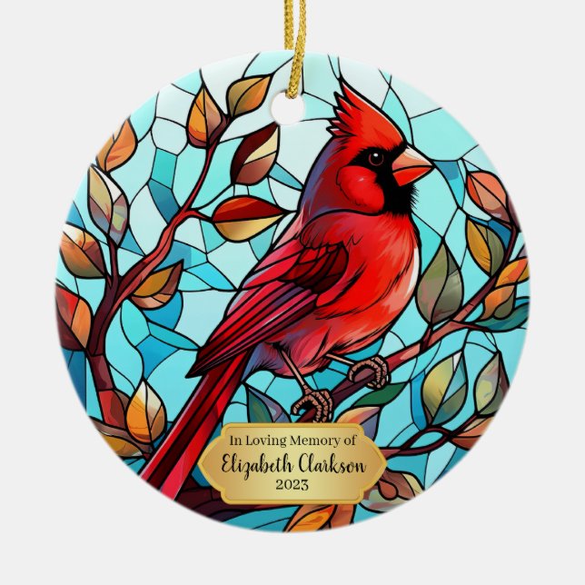 Memorial Cardinal Stained Glass  Ceramic Tree Decoration (Front)