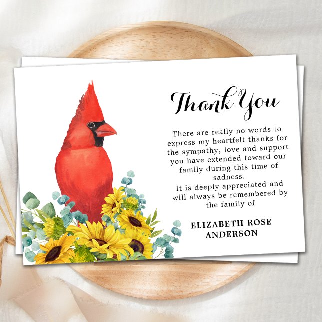 Memorial Cardinal Sunflowers Sympathy Funeral Thank You Card (Creator Uploaded)