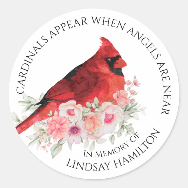 Memorial Cardinals Appear Floral Funeral Favour Classic Round Sticker (Front)
