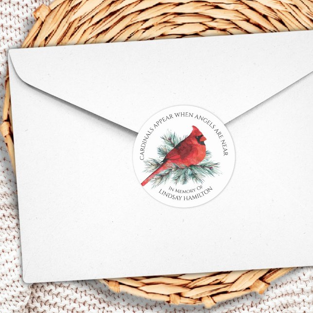 Memorial Cardinals Appear Watercolor Pine Classic Round Sticker (Creator Uploaded)