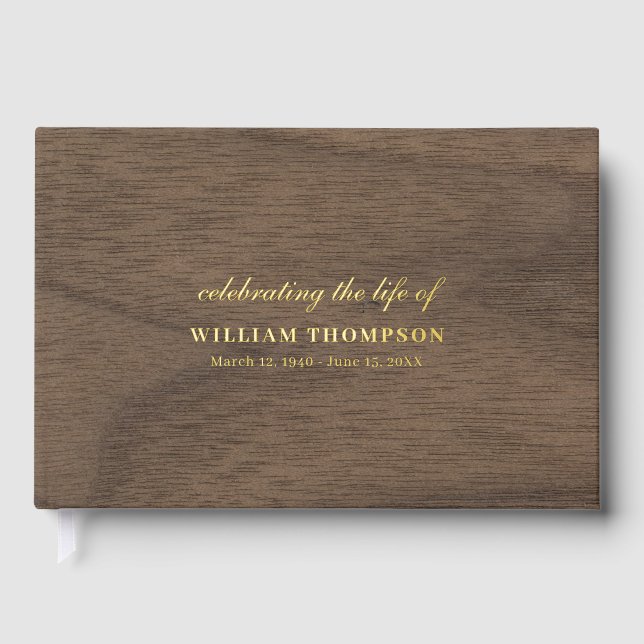 Memorial Celebrating Life Of Funeral Gold Wood Guest Book (Front)