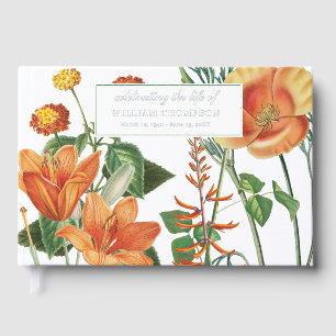 Memorial Celebrating Life Of Funeral Orange Floral Guest Book