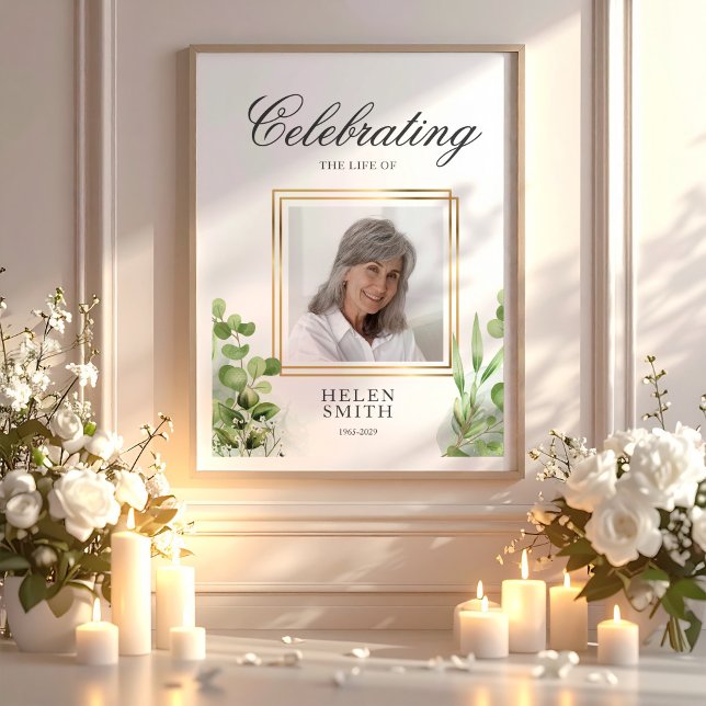 Memorial Celebration of Life Elegant Greenery  Poster (Memorial Celebration of Life Elegant Greenery Poster, Loss Of Mom Gift, Loss Of Loved One)