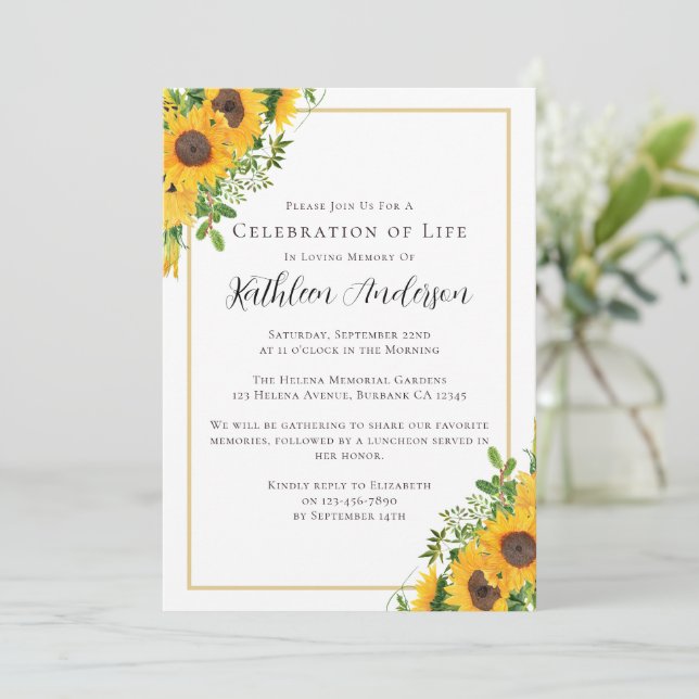 Memorial Celebration of Life Funeral Sunflowers Invitation (Standing Front)