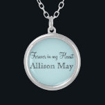 Memorial Charm for Wedding Bouquet in Blue Silver Plated Necklace<br><div class="desc">Wedding Memorial Bouquet Charms. Remember those who cannot be with you on your special day with a memorial bridal charm. A lovely sentimental keepsake for the bride to carry in her bouquet. This charm has a black background with the phrase, "Forever in my Heart" and a place below for your...</div>