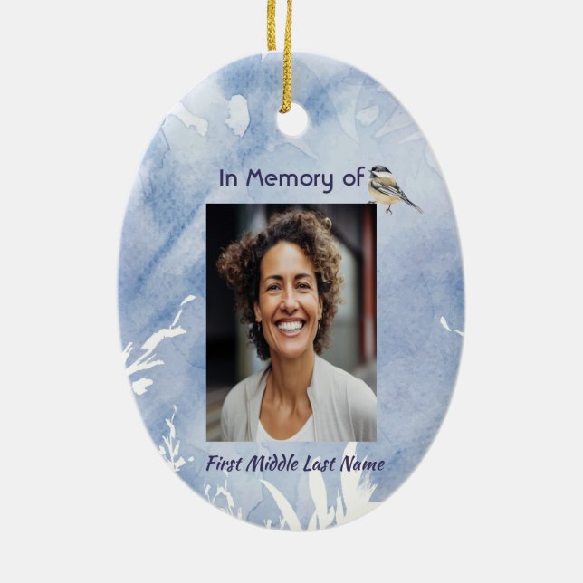 Memorial Chickadee Bird Winter Snow Tree Ceramic Tree Decoration (Back)