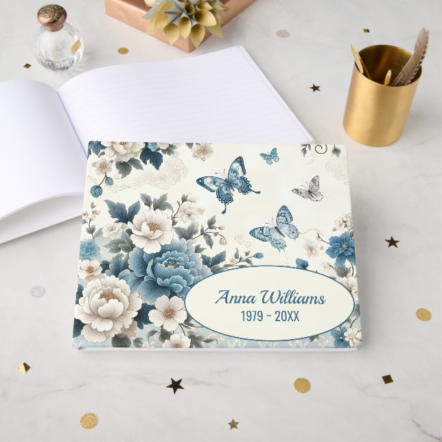 Memorial Chinoiserie Flowers and Butterflies Guest Book (Front Open)