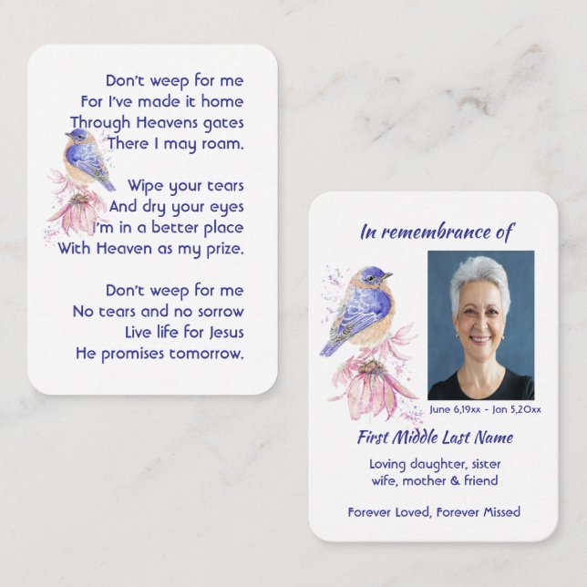 Memorial Christian Poem Bluebird Garden Bird  Business Card (Front/Back)