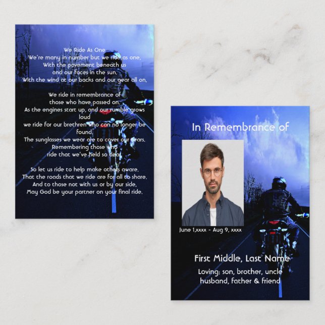 Memorial Custom Keepsake Motorcycle Biker  Business Card (Front/Back)