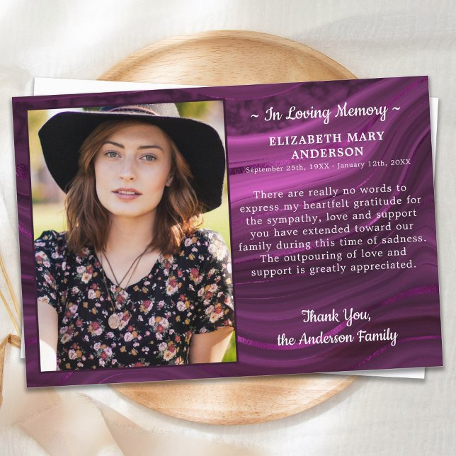 Memorial Custom Photo Purple Marble Funeral Thank You Card (Creator Uploaded)