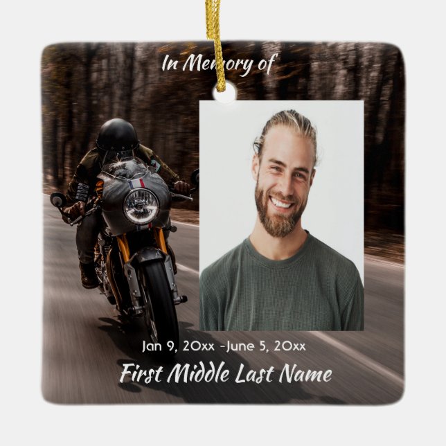  Memorial Custom Text & Photos Motorcycle Biker  Ceramic Ornament (Front)