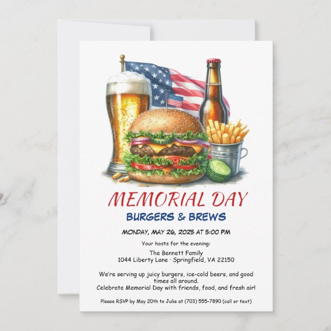 Memorial Day Burgers & Brews | Backyard BBQ Party Invitation (Front)