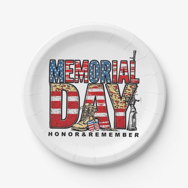 Memorial Day Honour & Remember US Flag Paper Plate (Front)