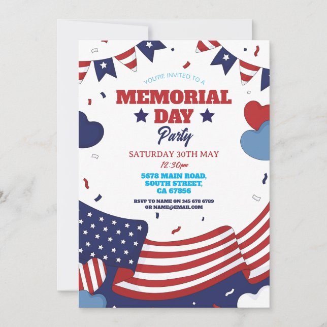 Memorial Day Party American Red White Blue Stars Invitation (Front)