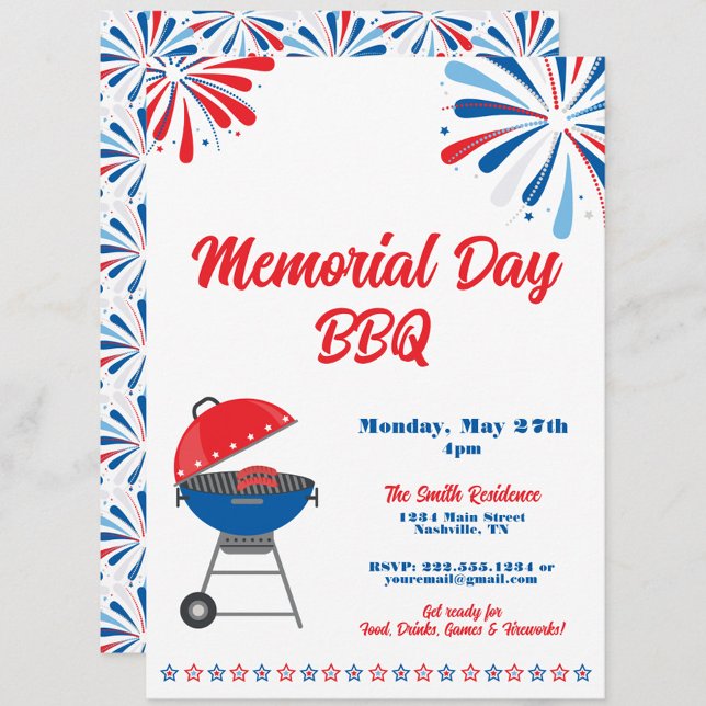 Memorial Day Party BBQ Patriotic Red White Blue Invitation (Memorial Day BBQ Party Invitation, MDW Cookout Invite, Patriotic Summer Barbecue Party)