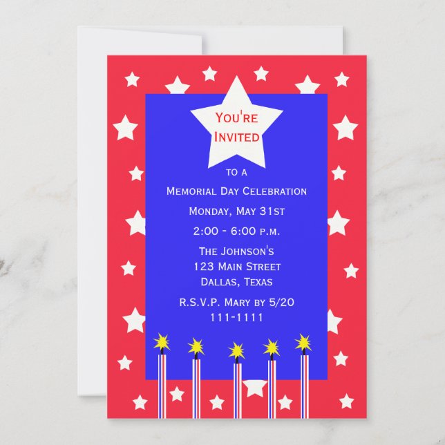 Memorial Day Party Fireworks and Stars Invitation (Front)