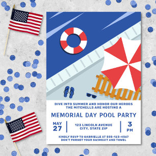 Memorial Day Pool Party Red White & Blue Invitation