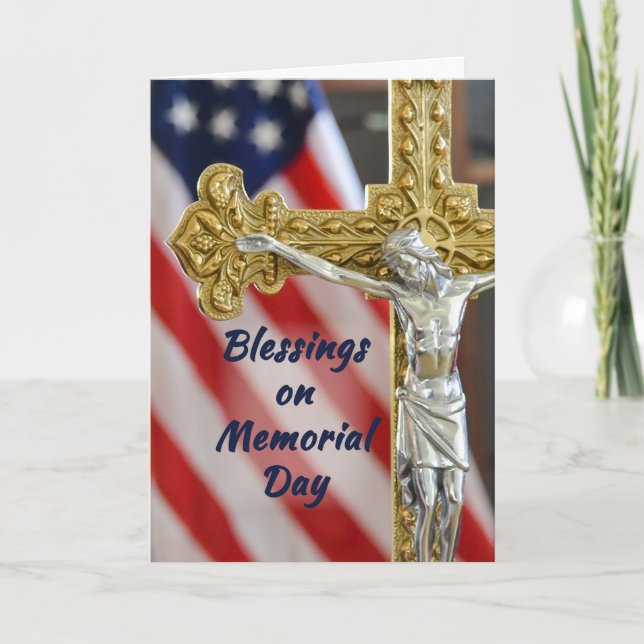 Memorial Day Religious Patriotic Cross and Flag Card (Front)
