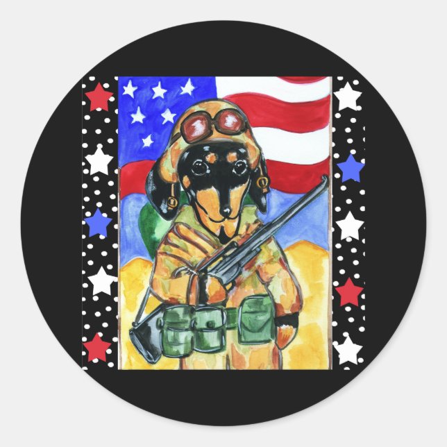 Memorial Day Soldier Dachshund Classic Round Sticker (Front)