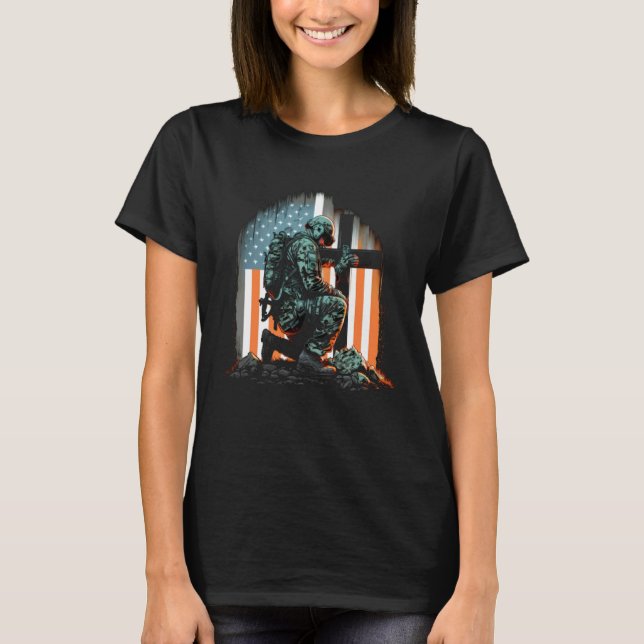 Memorial Day Veteran Soldier Kneel Cross USA Ameri T-Shirt (Front)