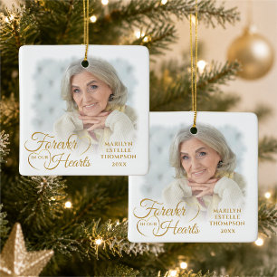 Memorial FOREVER IN OUR HEARTS 2 Photo Gold Ceramic Ornament