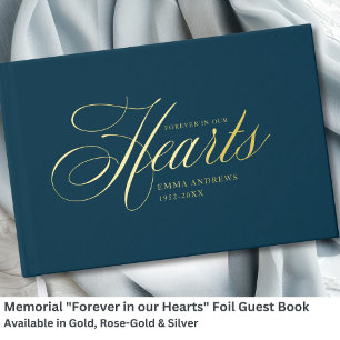 Memorial "Forever in our Hearts" Gold-Foil, Blue Guest Book