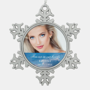 Memorial forever in our hearts photo blue sky snowflake pewter christmas ornament