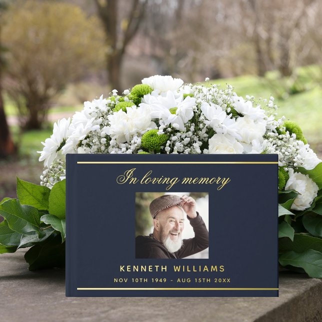 Memorial funeral blue gold photo guest book (Creator Uploaded)