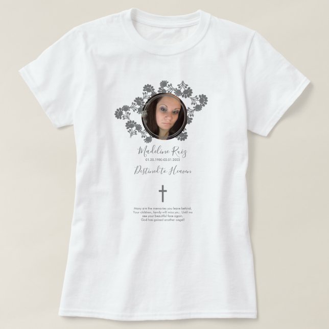 Memorial Funeral Cross Photo Floral Motif T-Shirt (Design Front)